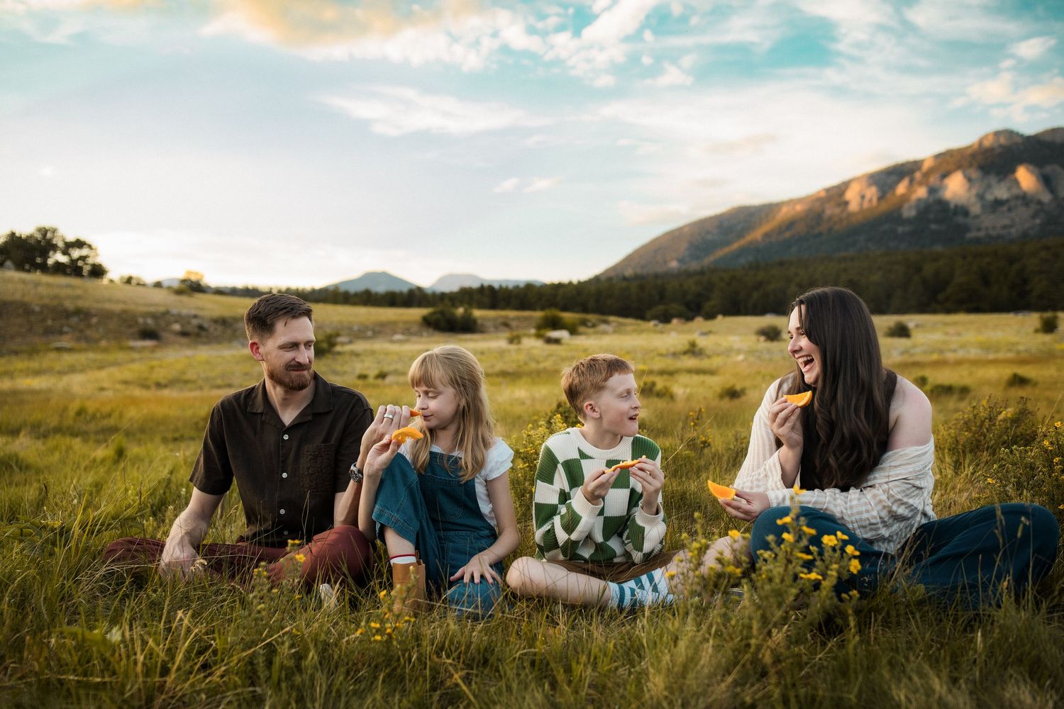 Family of four enjoying a picnic in a scenic mountain meadow at sunset, sitting in green grass together.