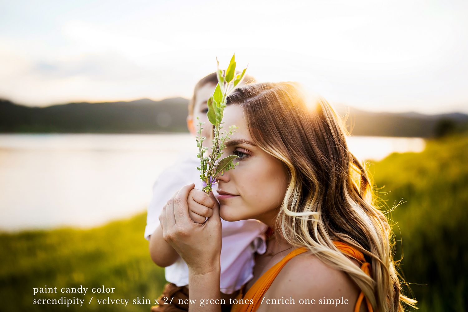 Dreamy golden hour portrait with wildflowers in soft natural lighting.