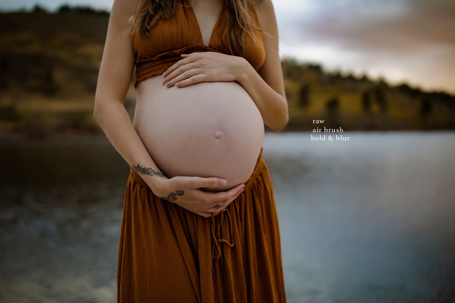 Close-up shots of pregnant belly in brown dress against waterfront backdrop.