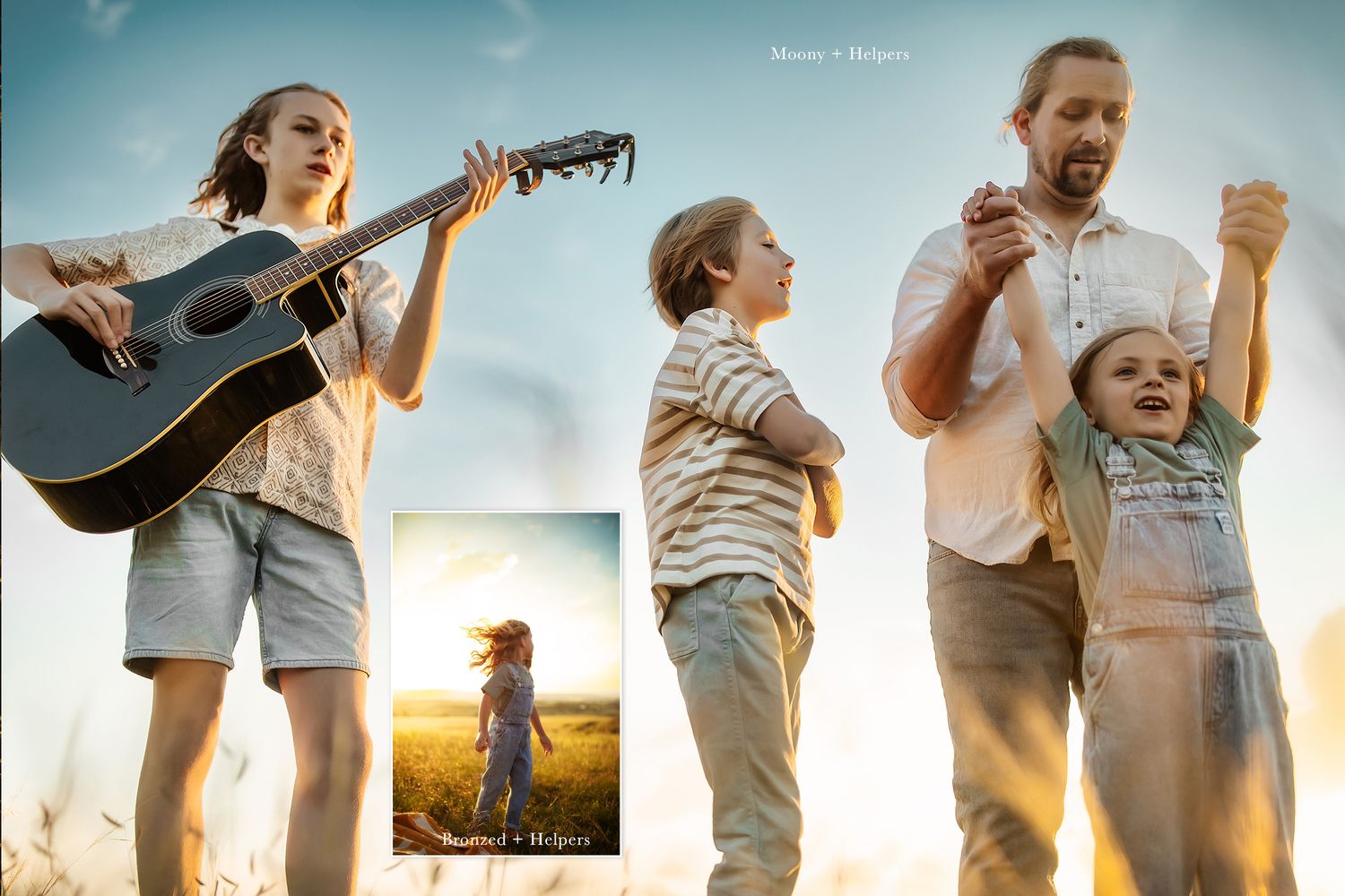 A joyful family plays music and dances together in golden sunlight with a guitar.