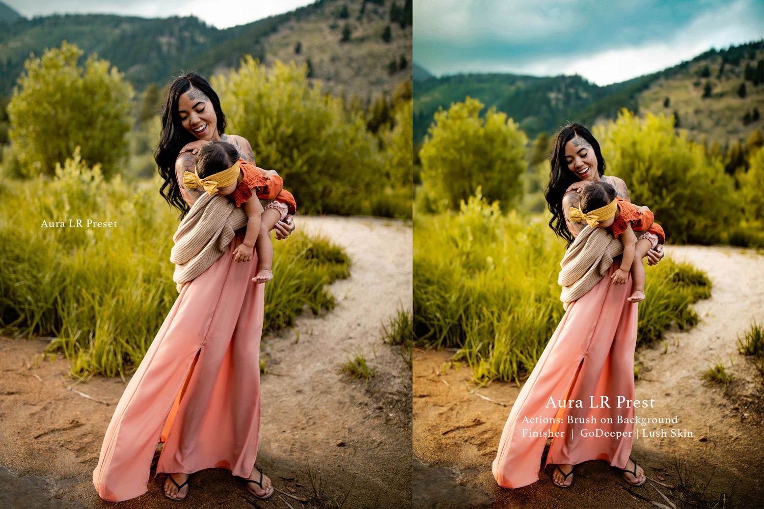 Outdoor photography session on a mountain trail with pink flowing dress against natural scenery.