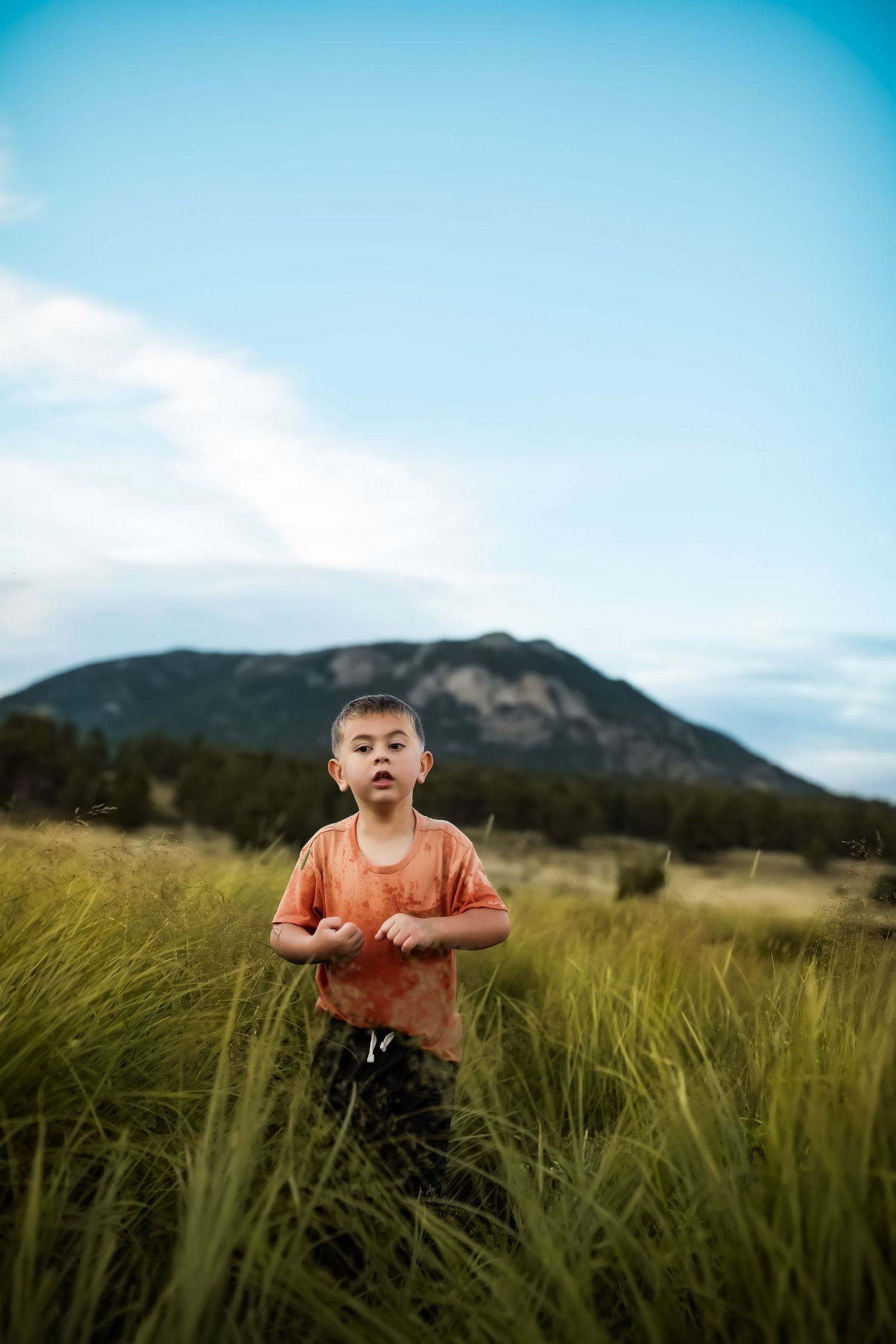 Child in orange shirt plays in tall grass with mountains visible in background.