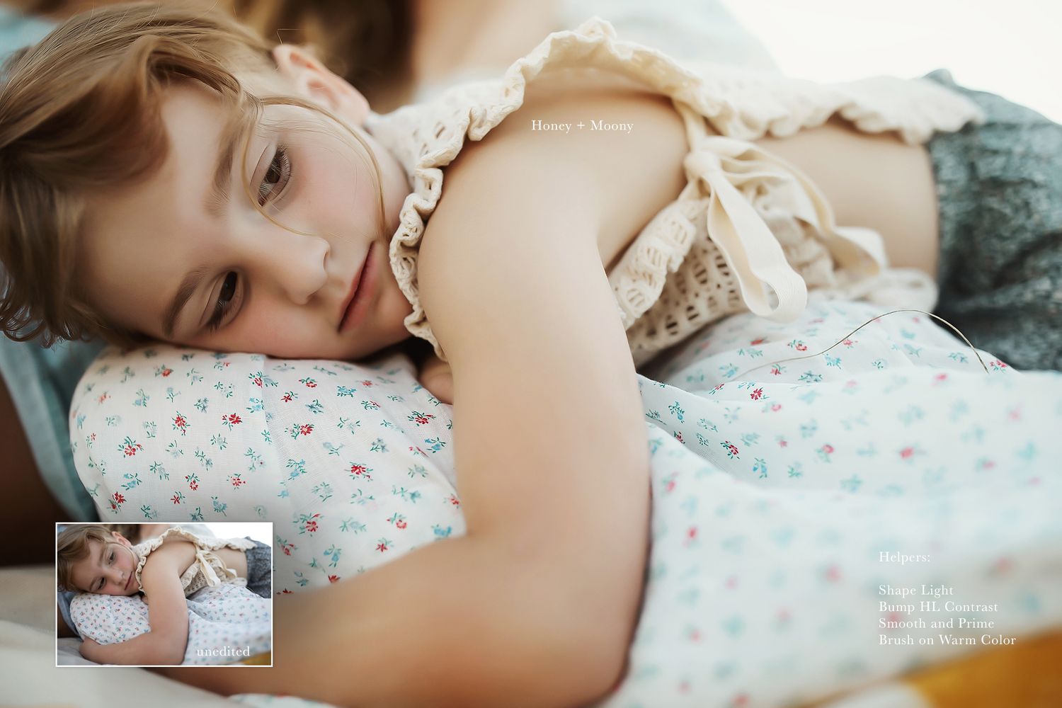 A peaceful sleeping scene on floral bedding with soft natural light streaming in.