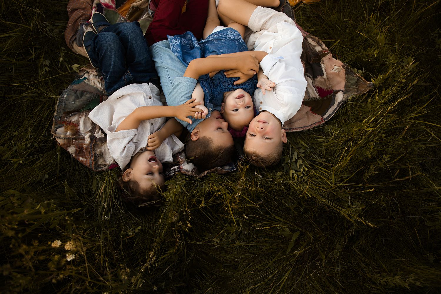 Family lying together on grass during golden hour photo session.