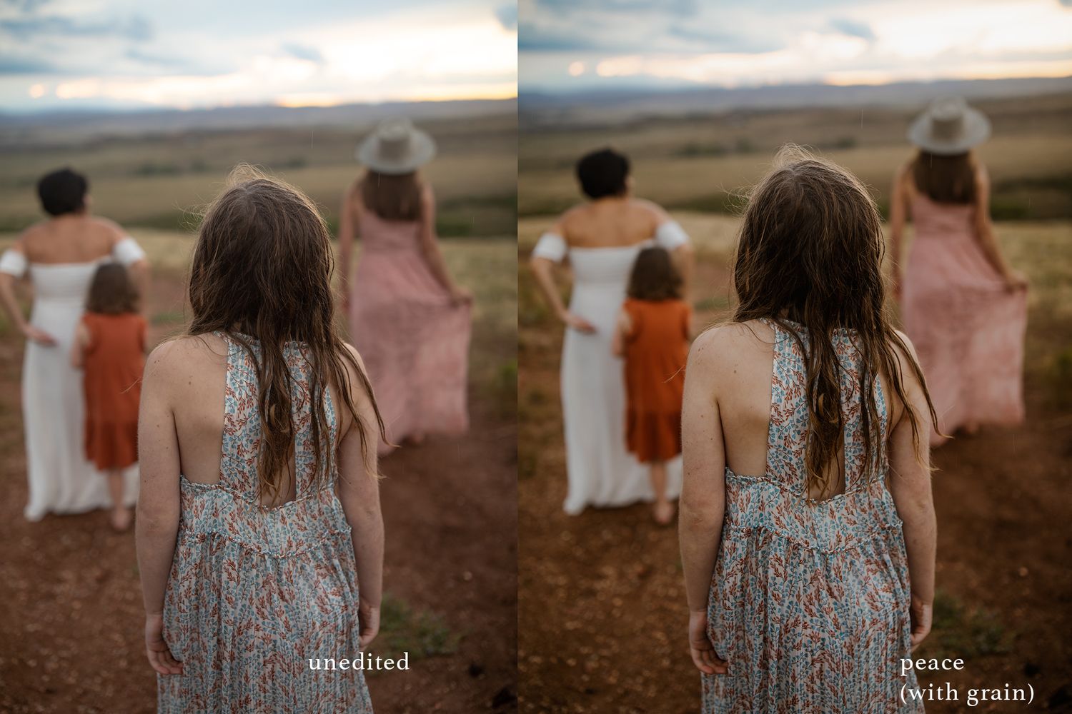 Group wearing floral dresses standing together in rustic outdoor setting.