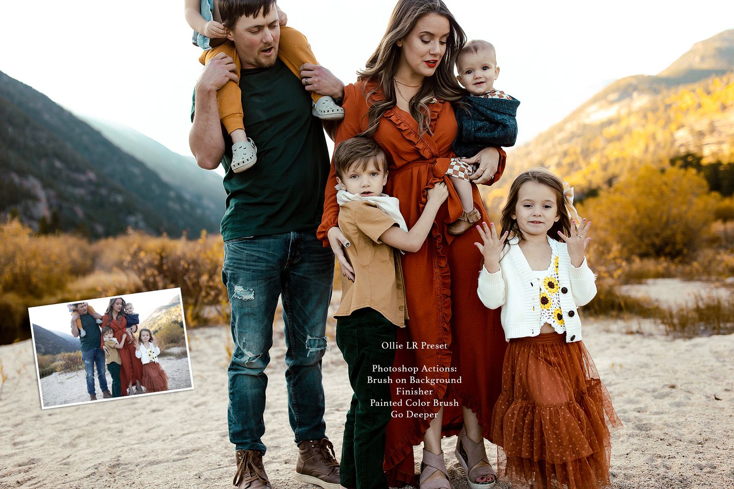 A family enjoying a candid moment together in a scenic mountain landscape at sunset.