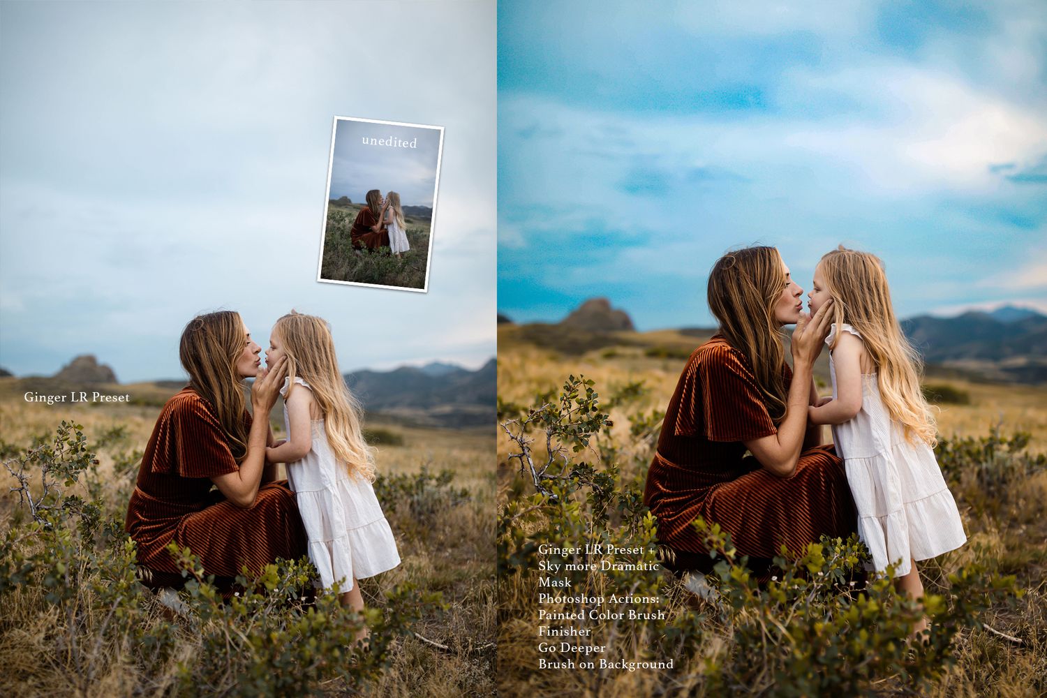 Romantic couple's photoshoot in a desert landscape with blue skies and mountains.