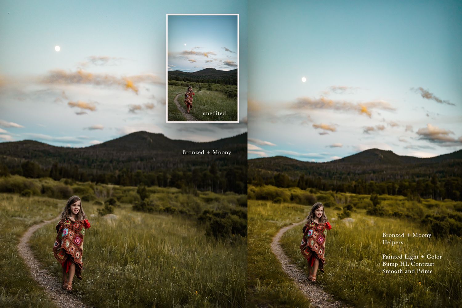 A scenic mountain landscape photo with an inset frame showing a winding trail at sunset.
