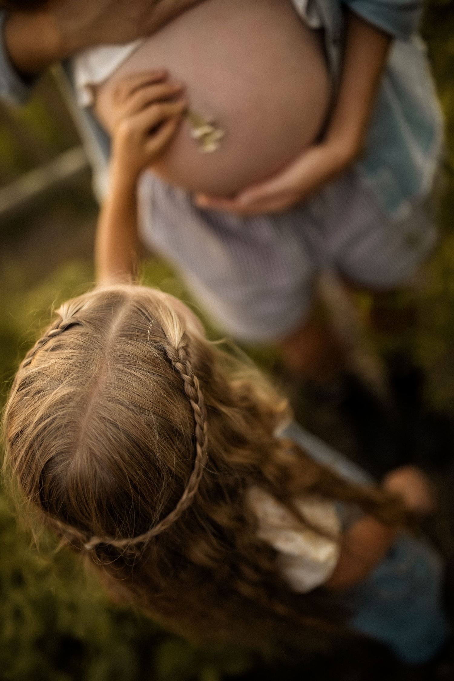 Soft focus view of someone's braided hair from behind in natural outdoor lighting.