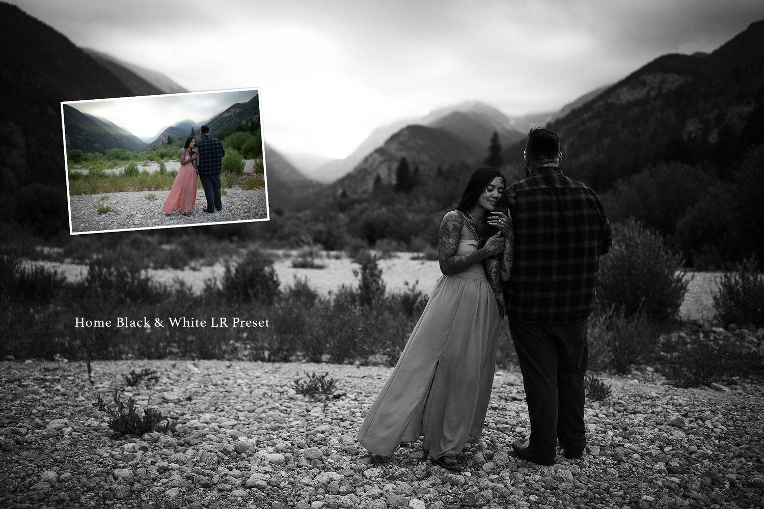 Black and white outdoor photography session in a scenic mountain landscape.