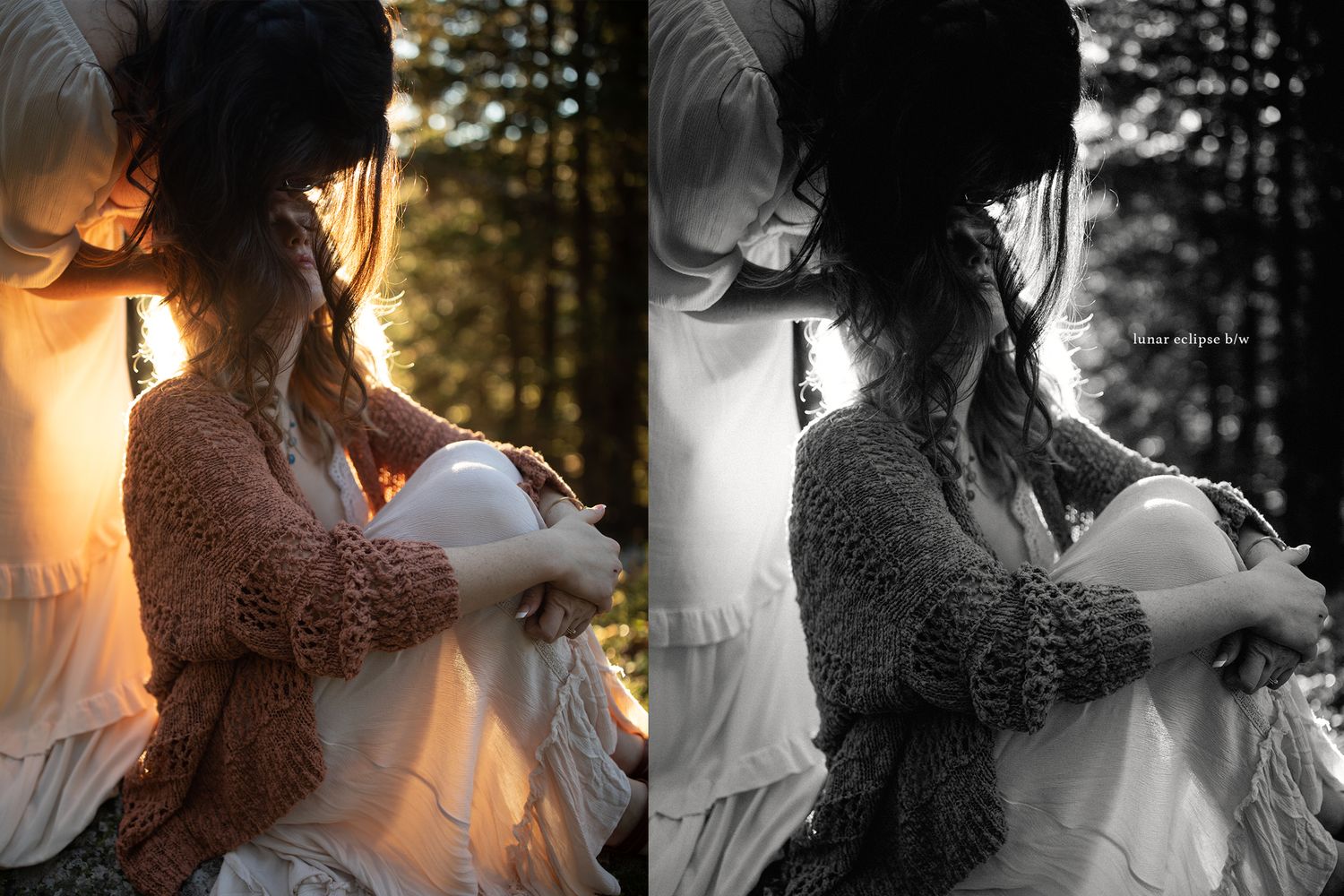 Intimate maternity photoshoot with soft lighting and natural elements.