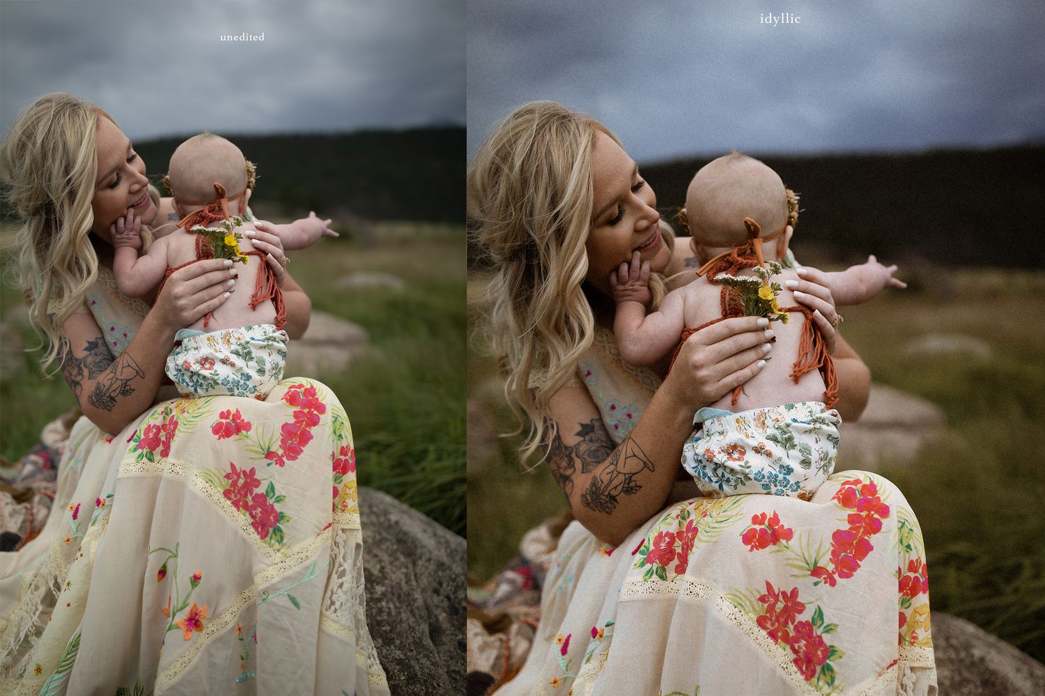 Sweet moments shared on blanket in field with floral dress details.