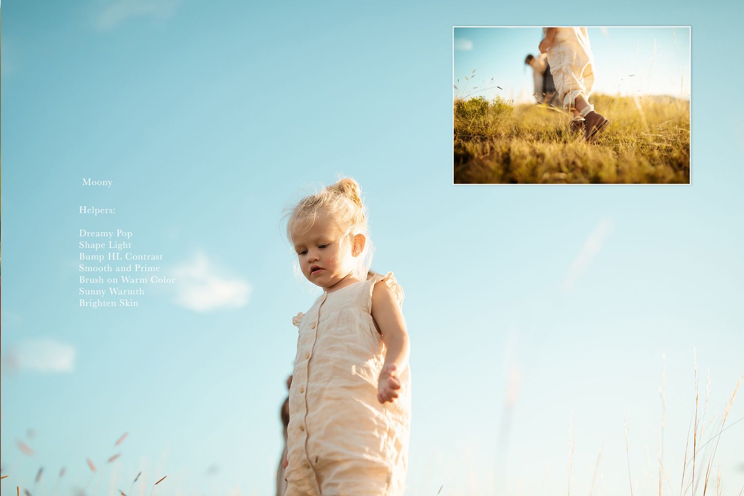 A child stands in a sunlit field wearing light colored clothing with a small photo inset.