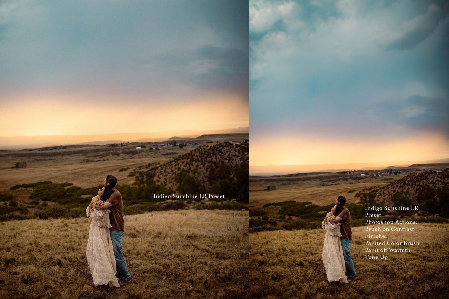 Scenic desert photoshoot with dramatic clouds and mountain backdrop.