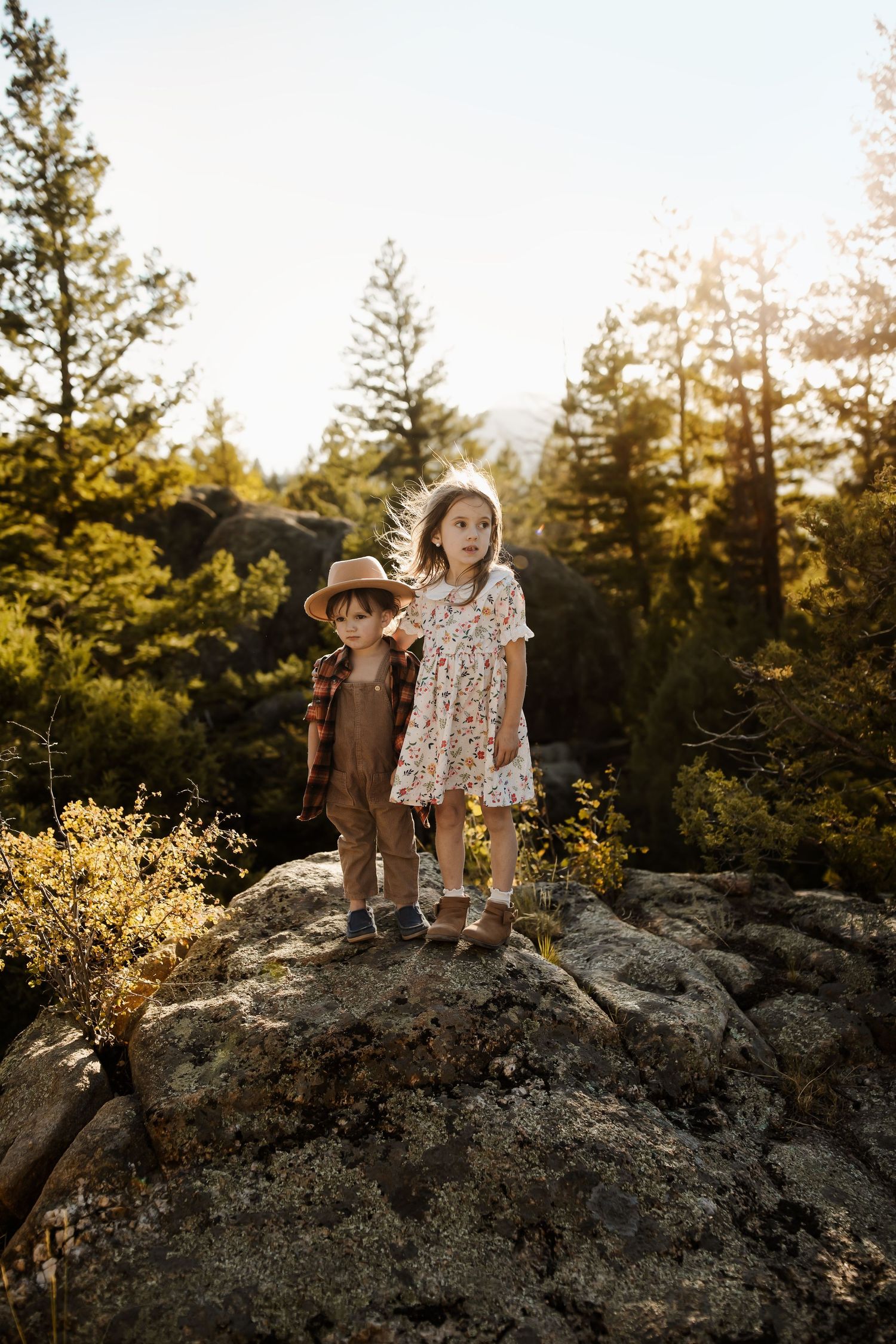 Two children standing on rocky outcrop with pine trees in golden sunset light.