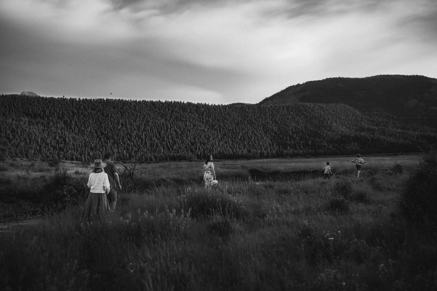 A dramatic black and white panoramic landscape shows rolling hills and mountains under moody storm clouds.
