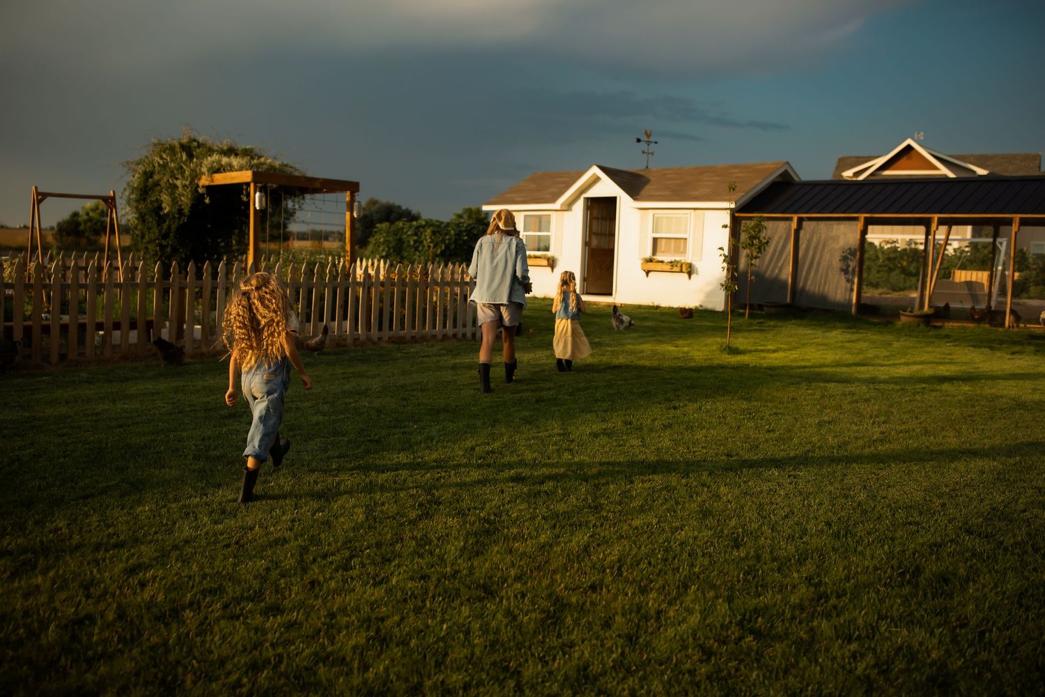A collection of landscape photos showing rural homes and fields at sunset with golden light and long shadows.