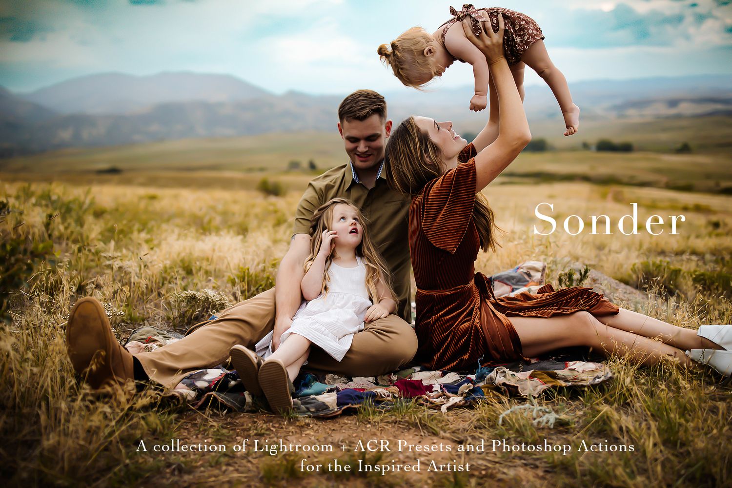 Panoramic view of a family photoshoot in a mountainous outdoor setting.