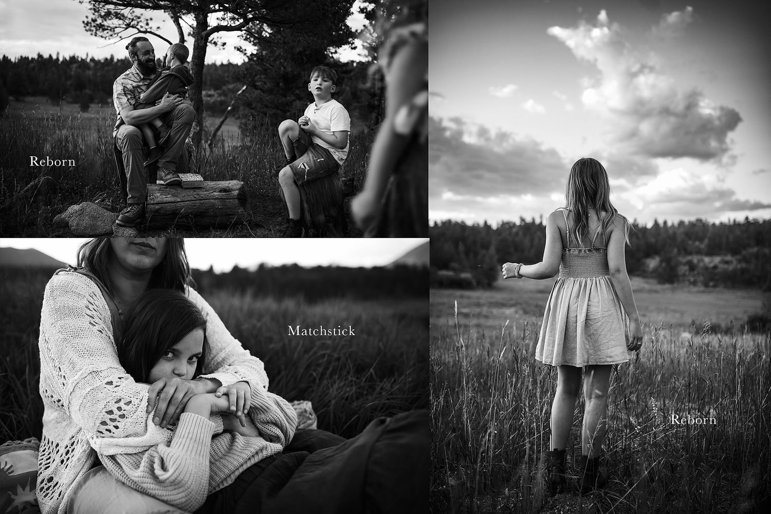 Black and white landscape photo of people enjoying a peaceful moment in nature at dusk.