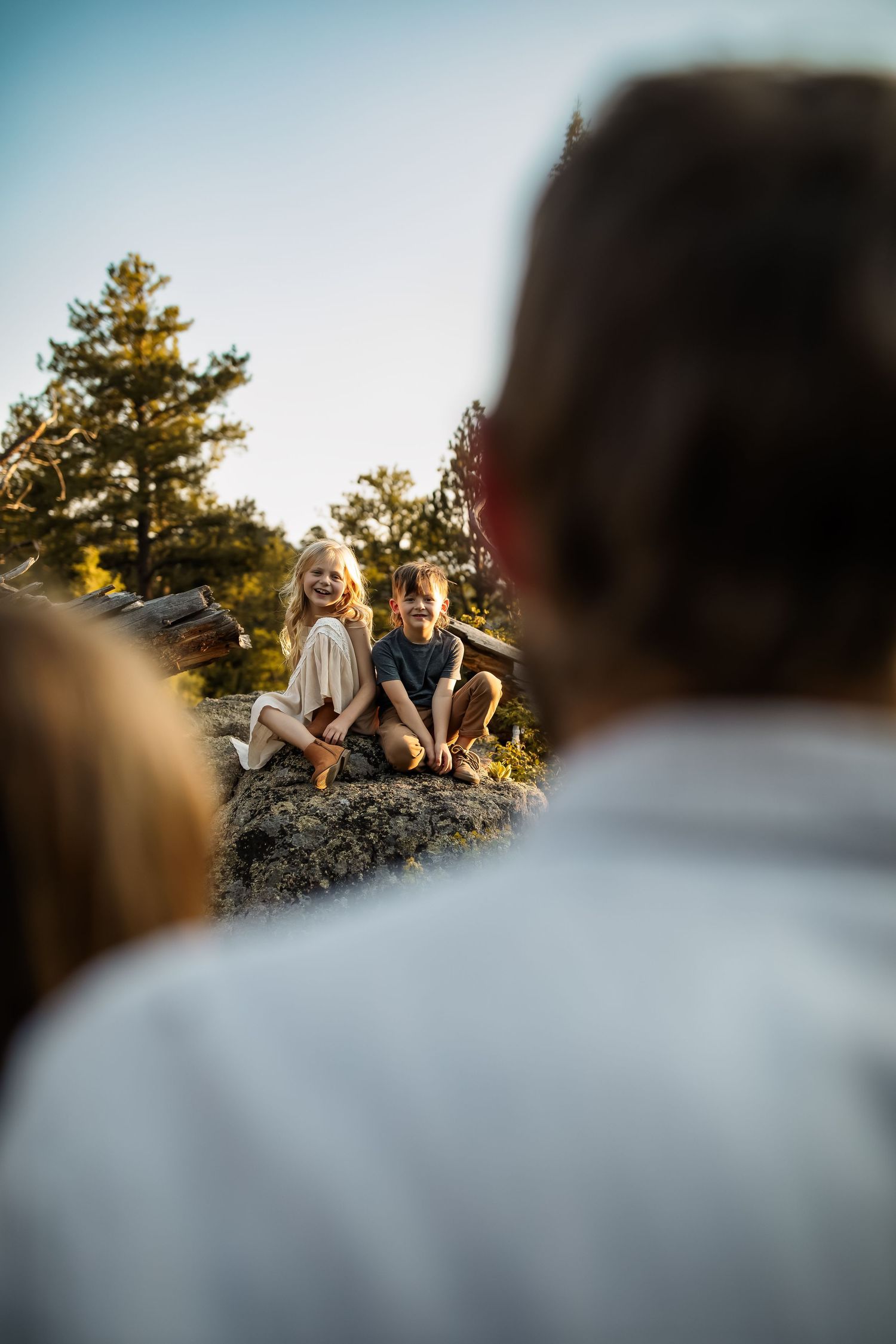 Family gathering photographed from behind with mountain scenery in the background.