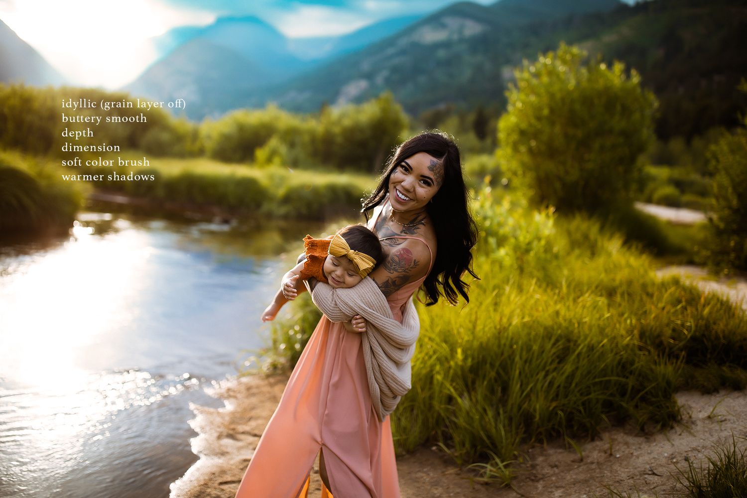 Joyful interaction by mountain lake during summer evening with warm light.