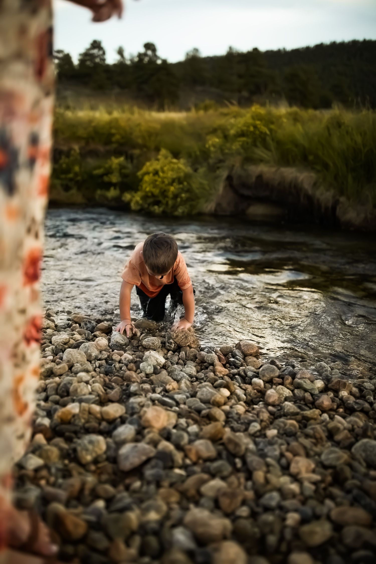 Person examining rocks along a riverbank with mountains and forest in the background.