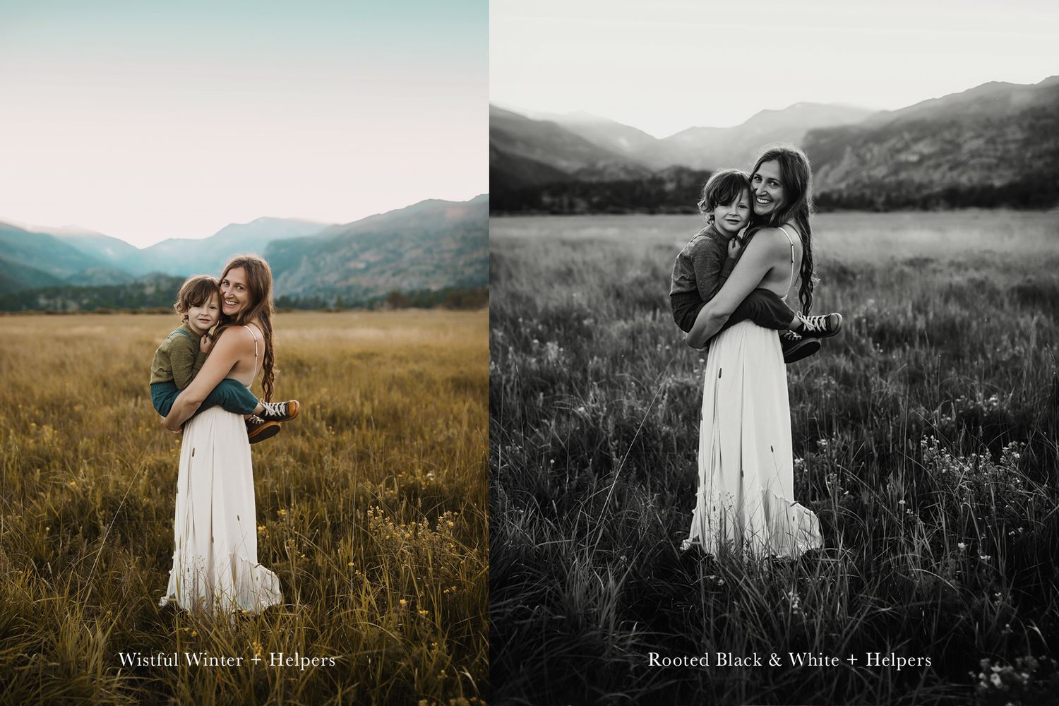 Side-by-side black and white and color photos of figures embracing in a mountain meadow.