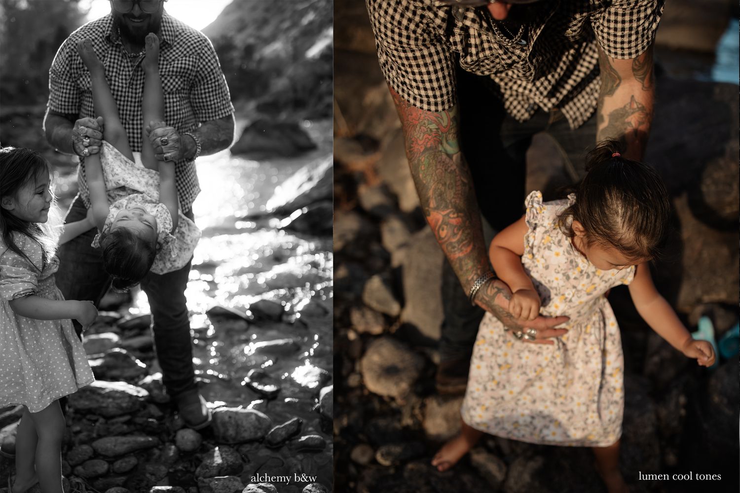 Black and white candid photographs showing intimate moments and interactions.