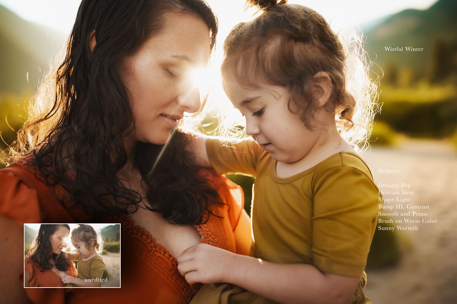 Mother and child share tender moments in golden sunlight during outdoor photoshoot.