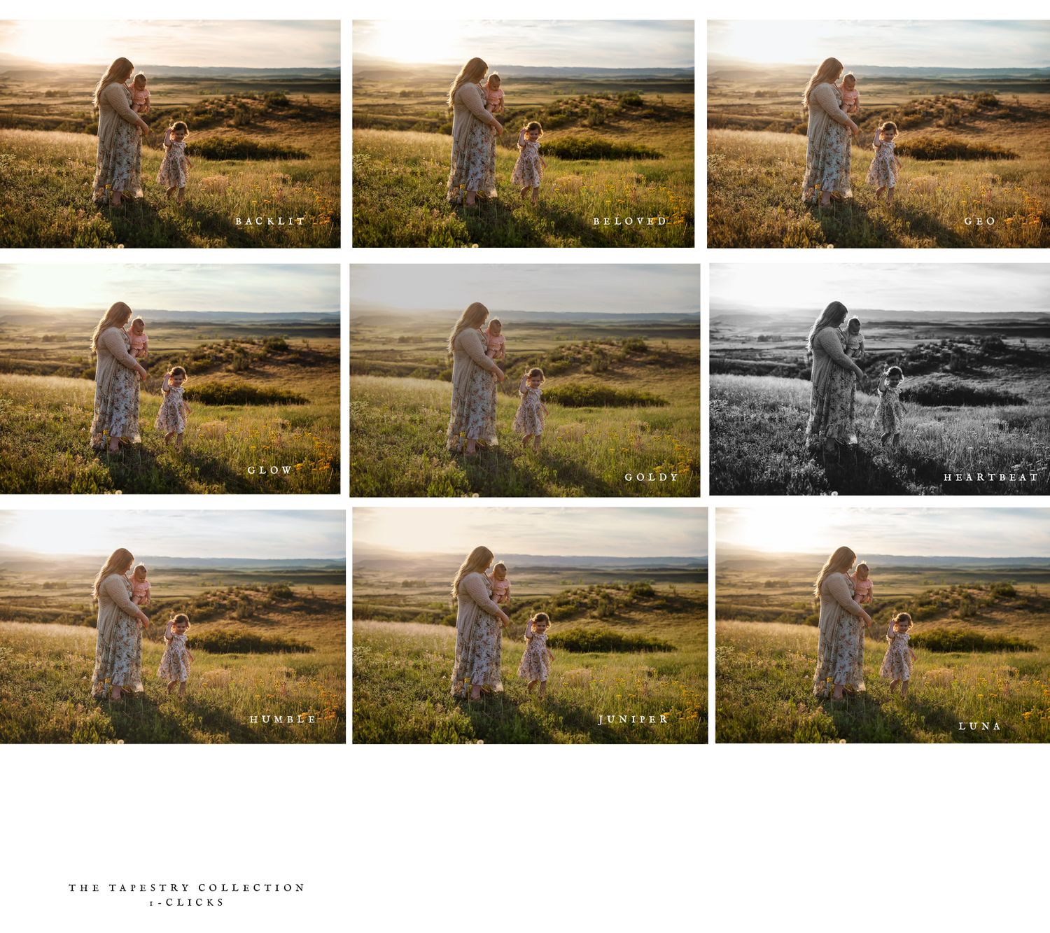 Series of sunset photos showing figures walking across a grassy hilltop landscape.
