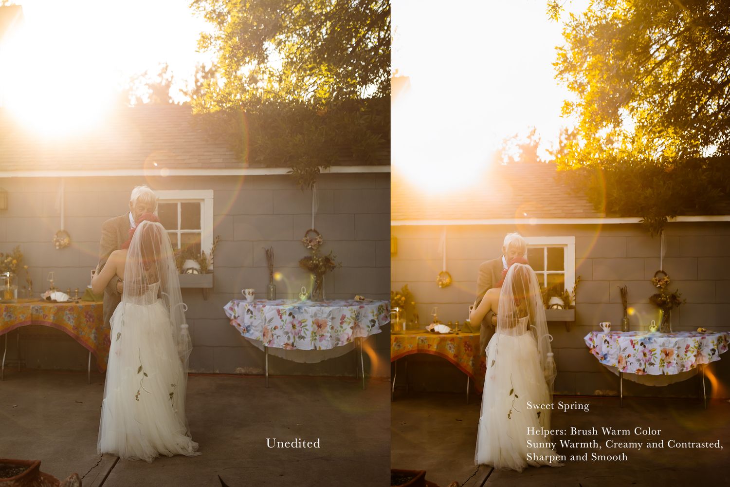 Wedding couple walking together at sunset with flowing white dress.