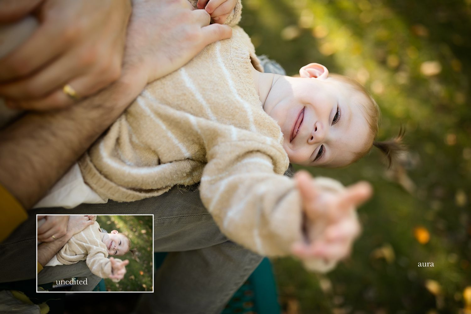 A series of soft-focus portrait shots in warm autumn lighting with beige tones.