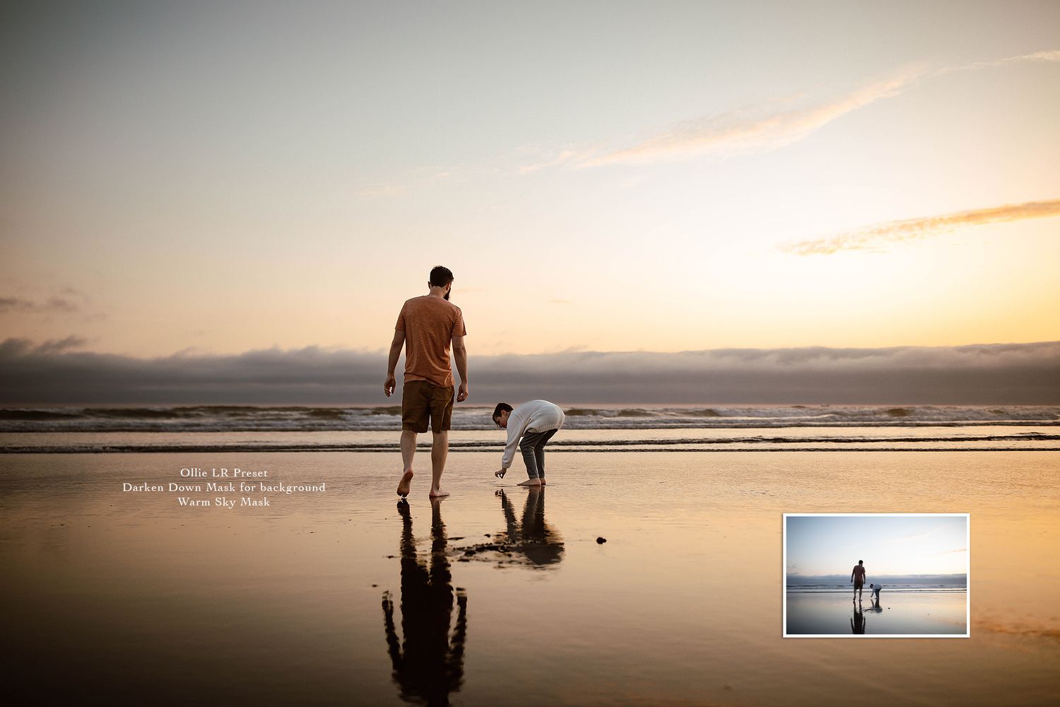 Silhouettes of people walking along a beach at sunset create a peaceful coastal scene.