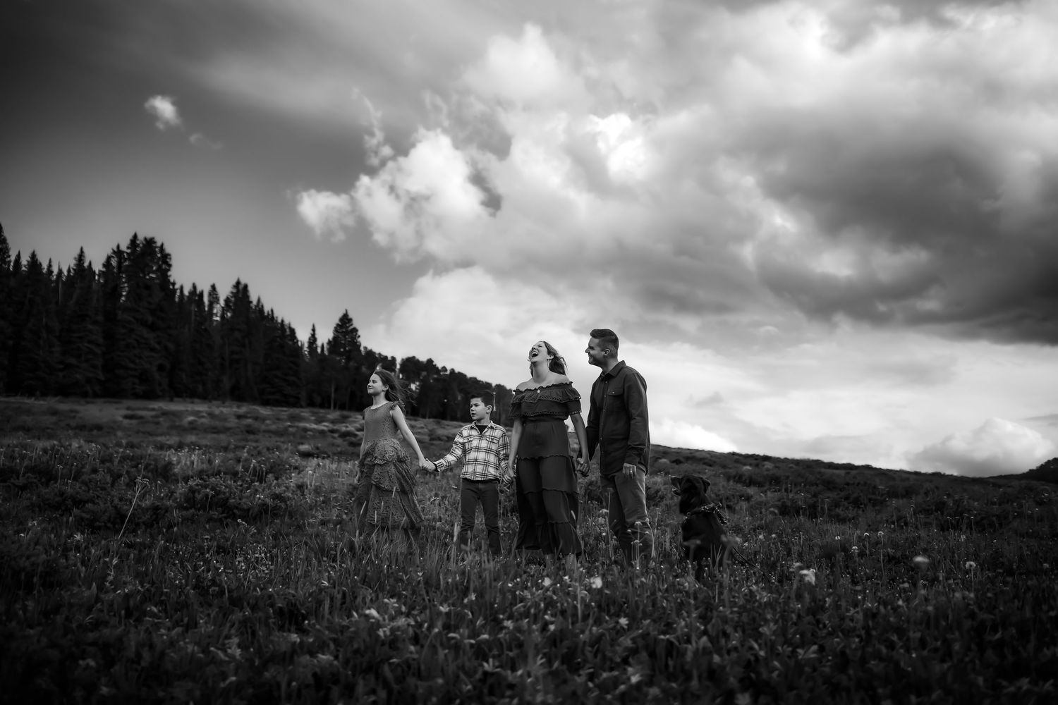 Black and white landscape photo of three people holding hands in a mountain meadow.