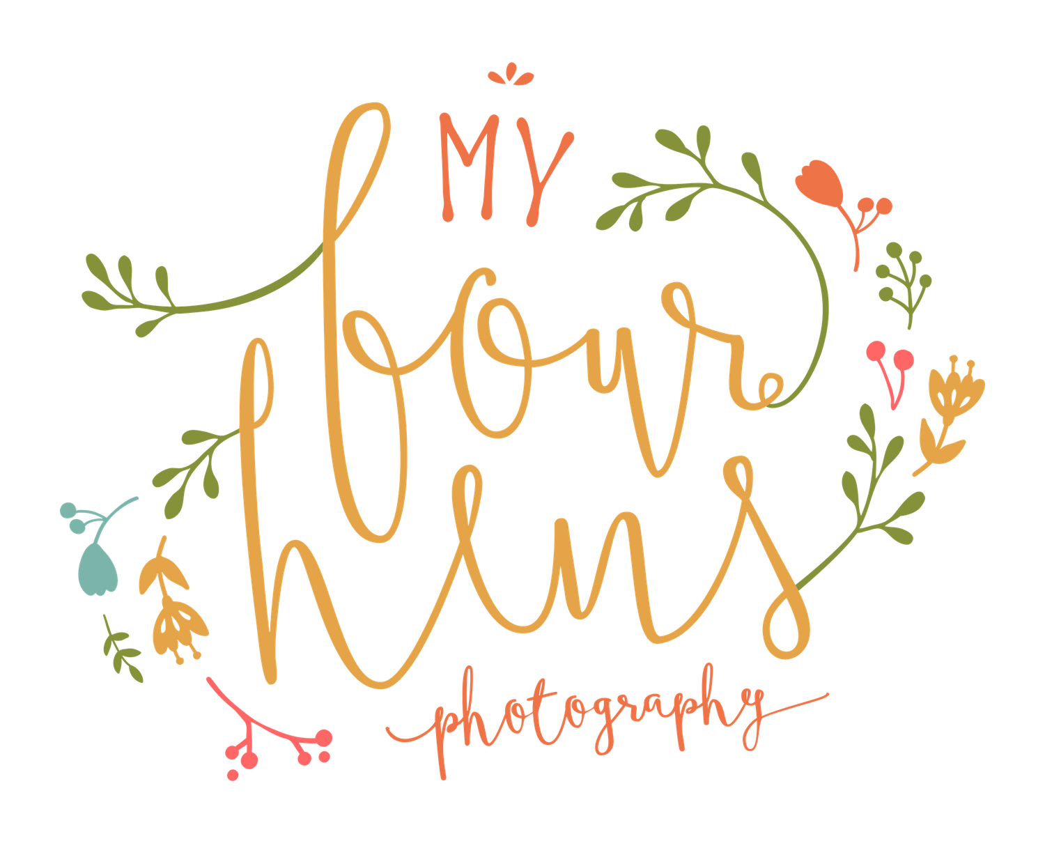 Handwritten calligraphy text design with floral elements and the word 'photography' in orange and green colors.