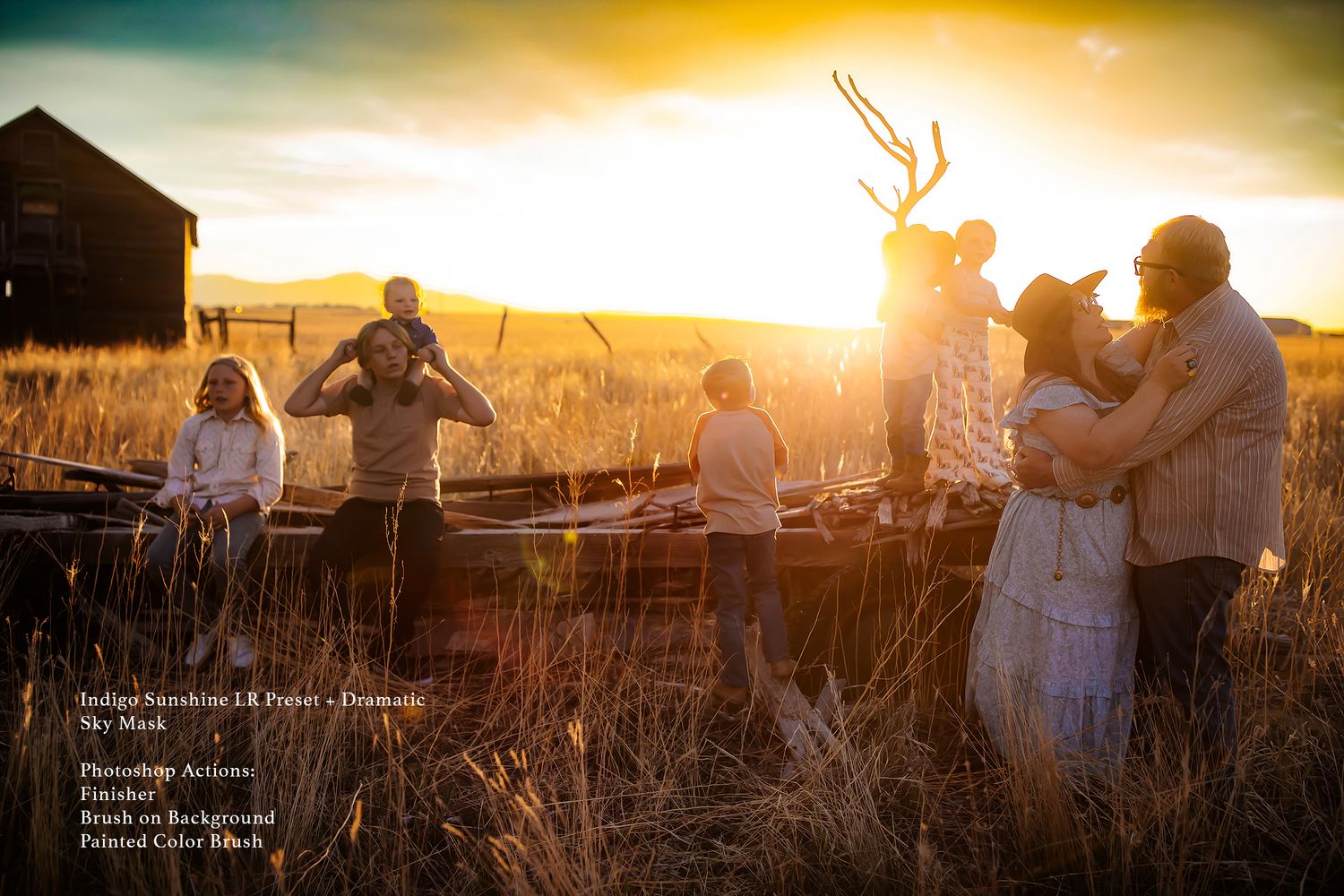 Silhouetted figures embracing during golden hour in a rustic outdoor setting.