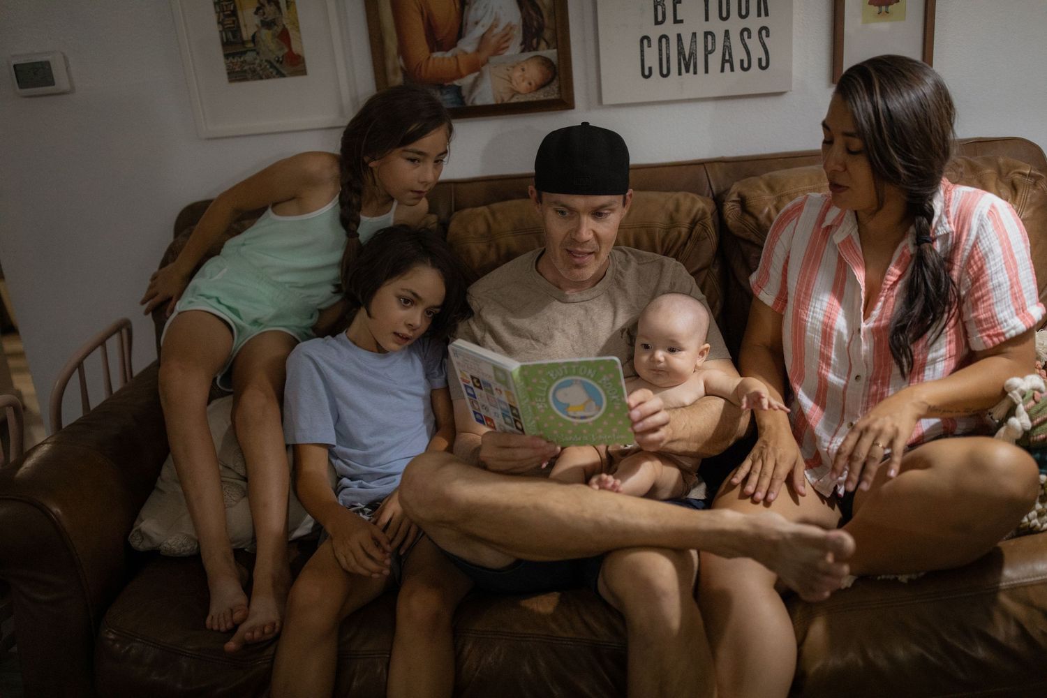 A series of six photos showing people sitting together on couches looking at mobile devices and screens.