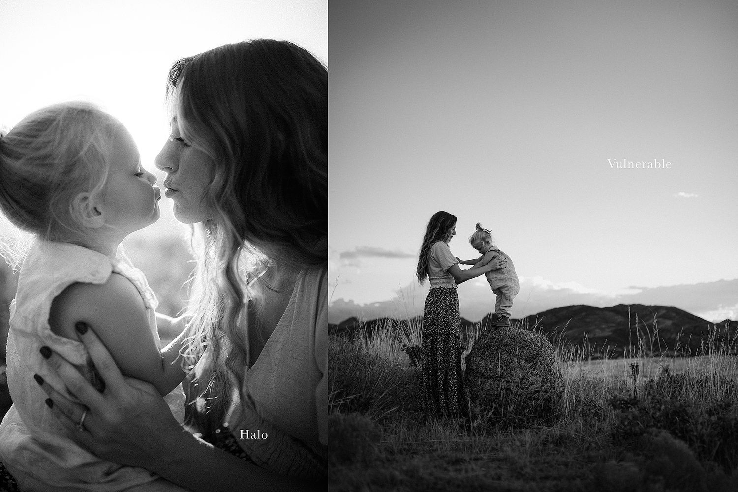Artistic black and white panorama of intimate moments shared in a natural setting at sunset.