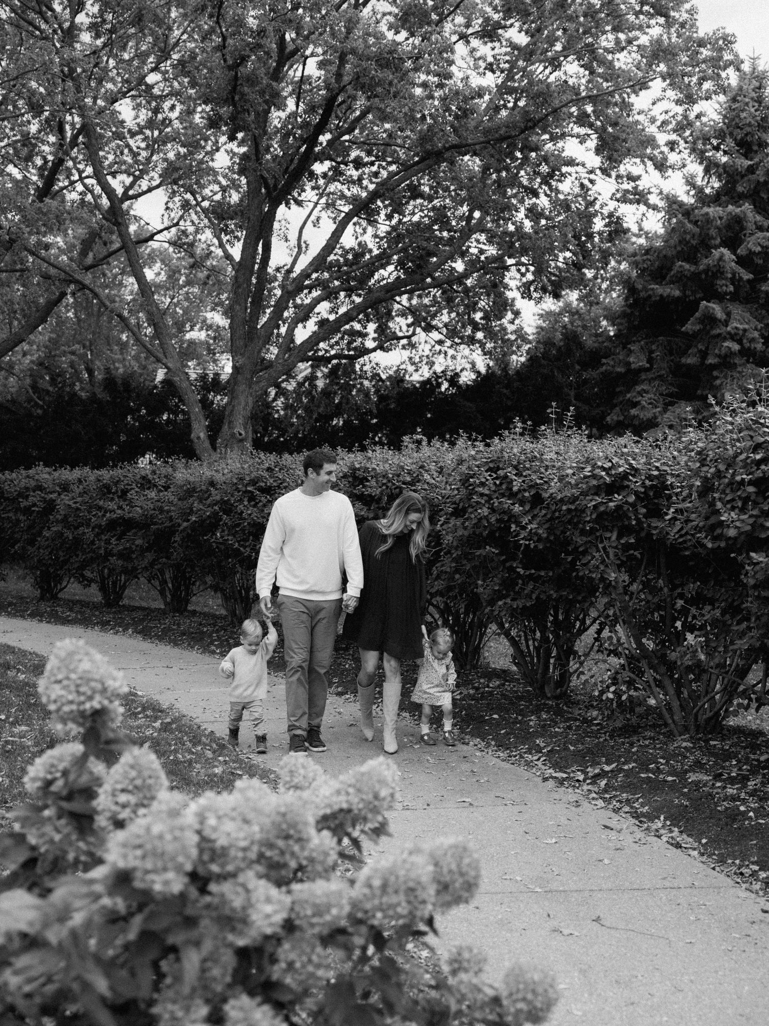 Black and white photograph of people walking along a tree-lined path.