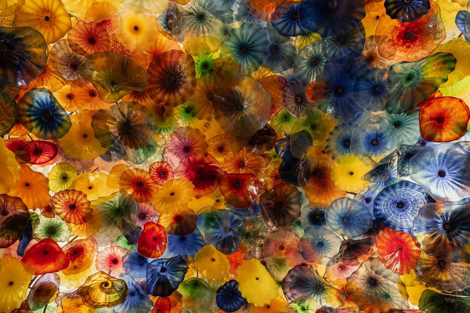 Colorful glass art installation with vibrant reds, yellows and blues in an abstract pattern.