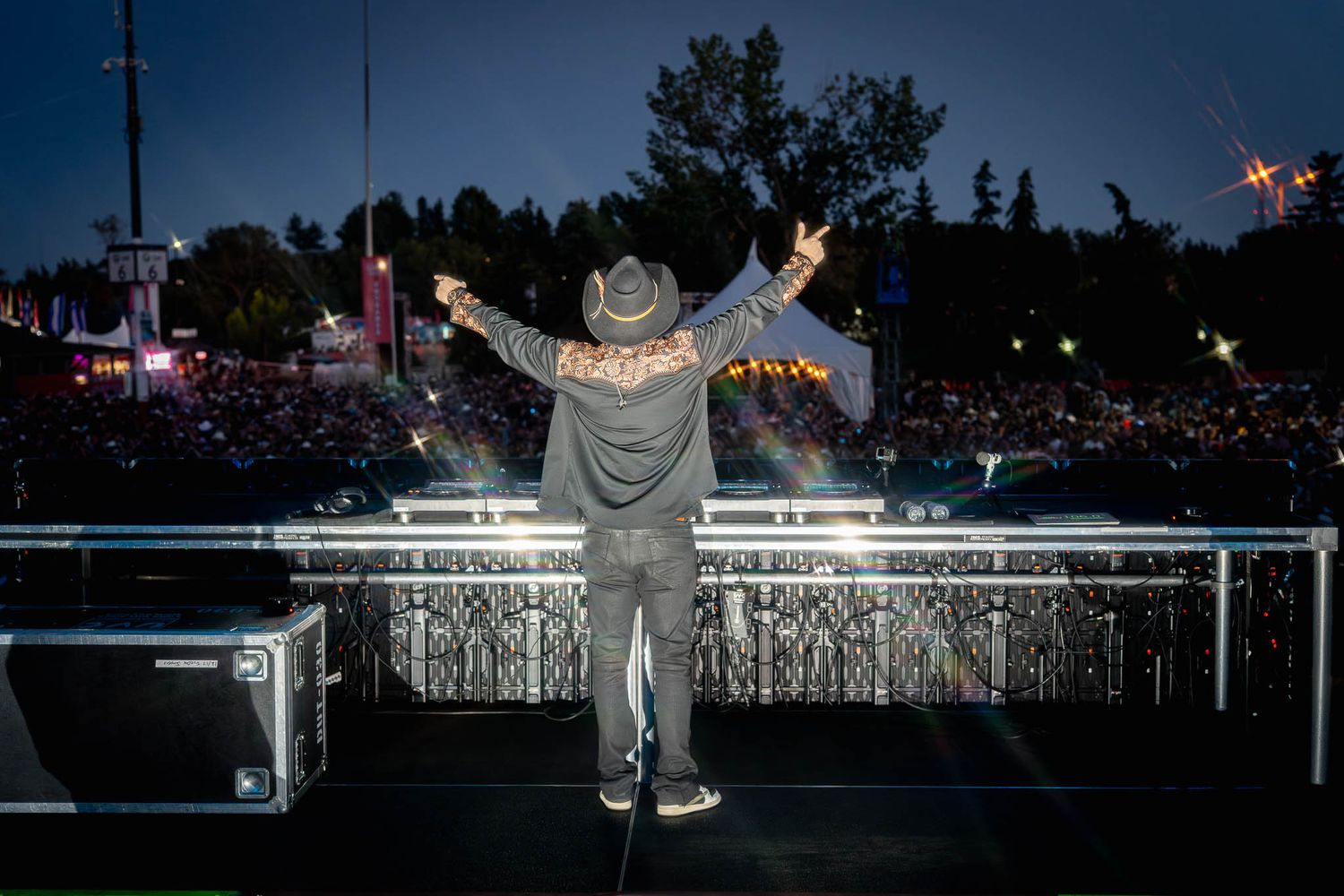 Alesso silhouetted against outdoor concert venue with crowd barriers.