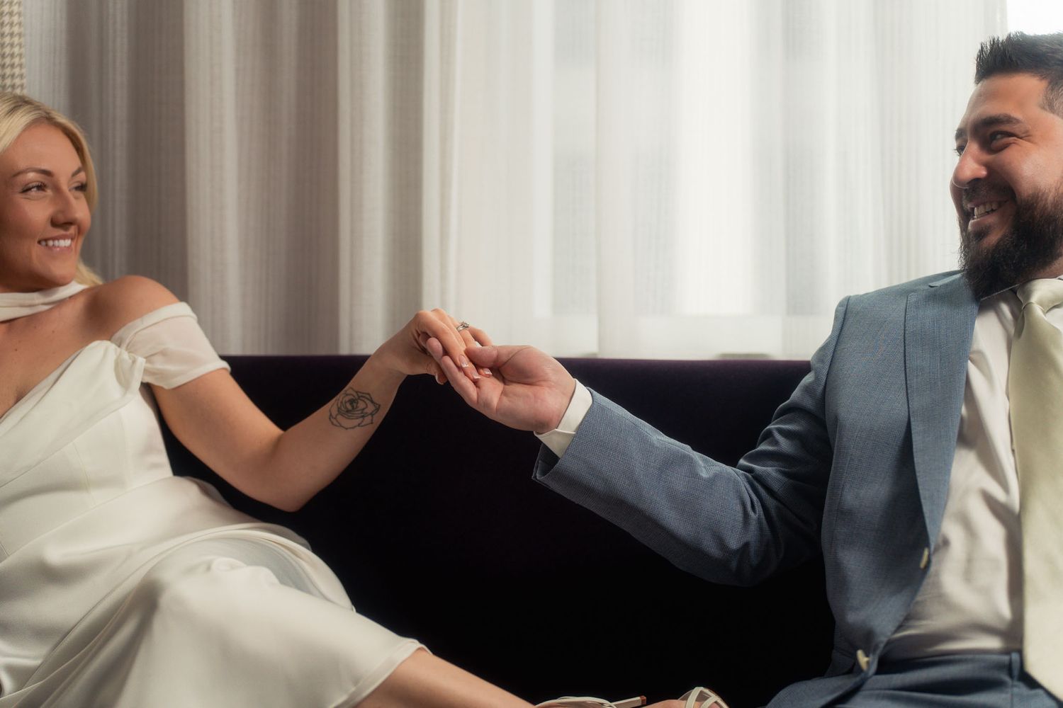 A wedding couple shares intimate moments together in a series of candid photographs.