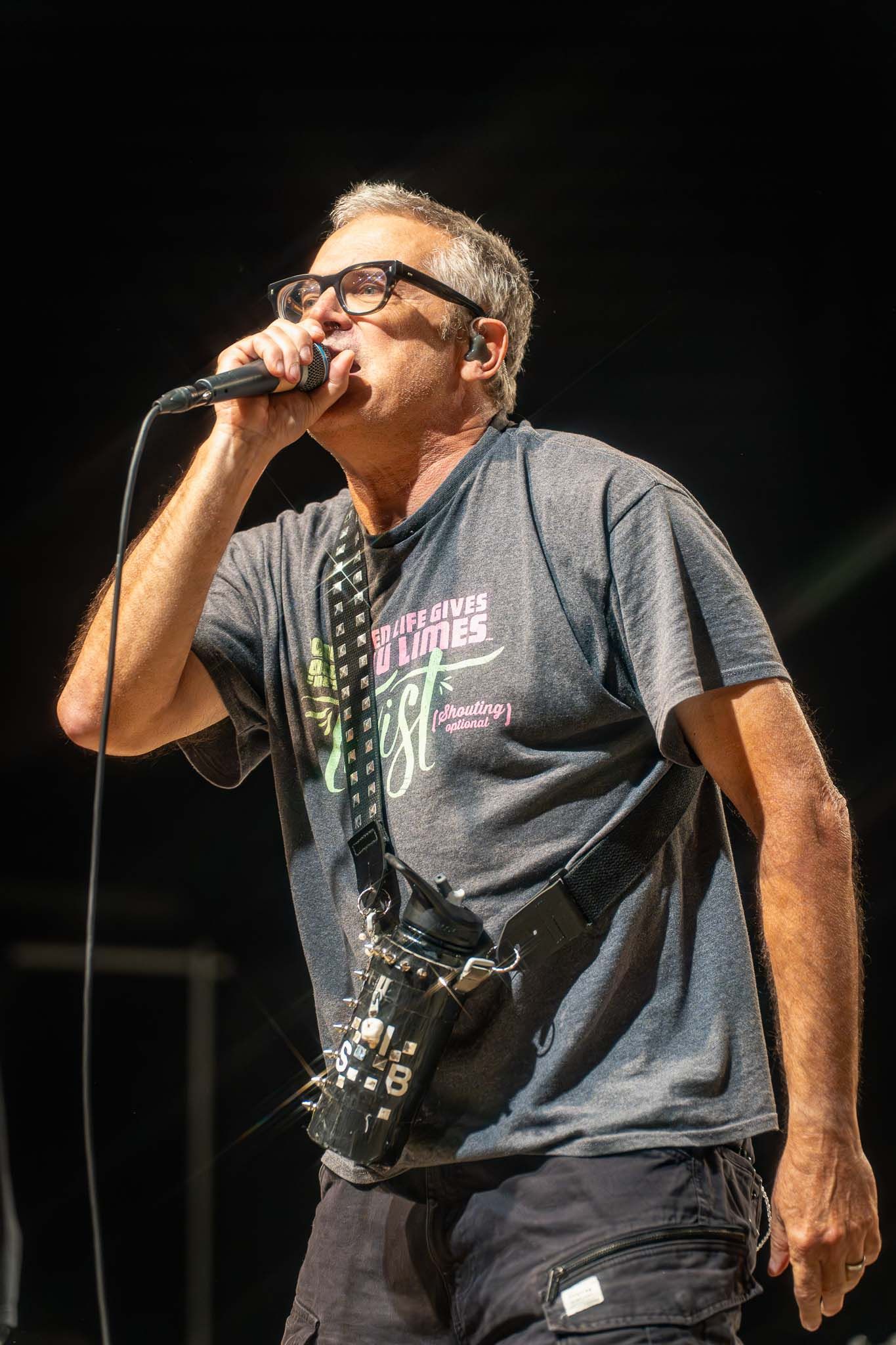 Singer from The Descendents in gray shirt performing with intensity under stage lights at a live concert.