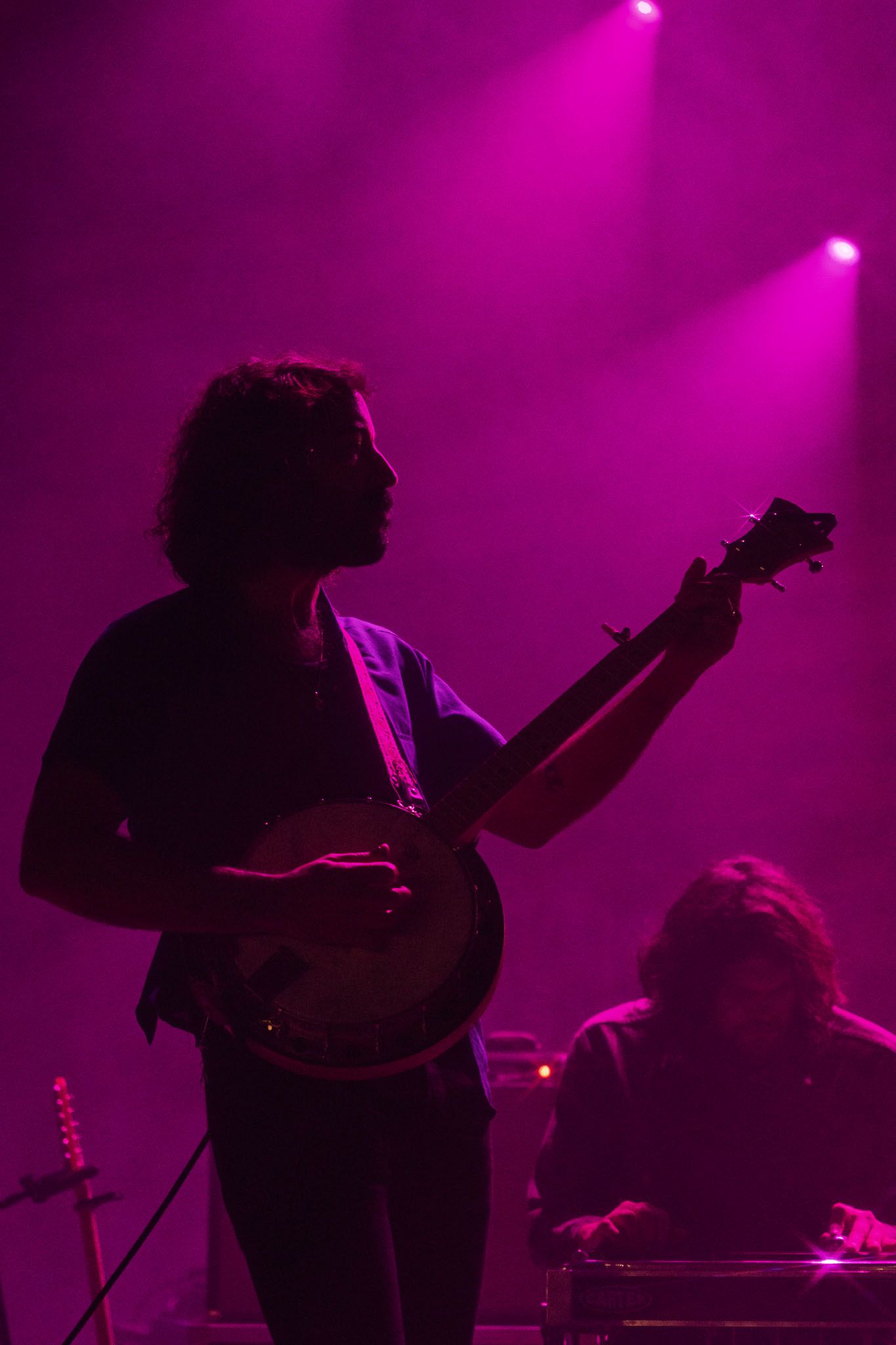 Silhouette of The Paper Kites musician playing banjo against purple concert lighting.