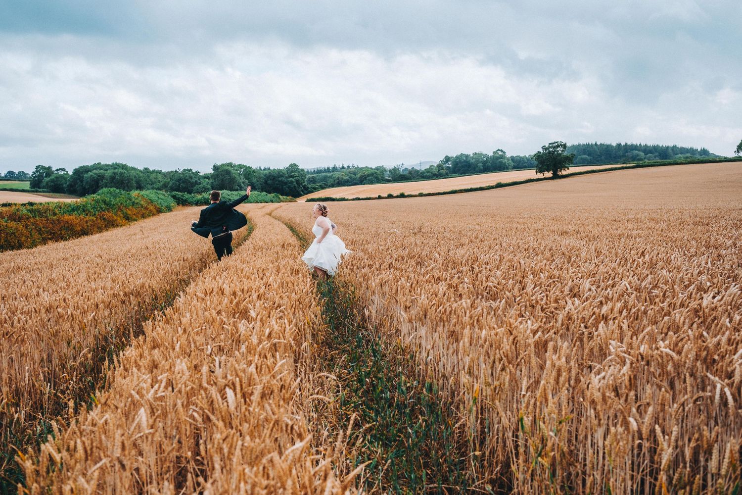 Bride and groom run along a path through golden wheat fields under cloudy skies in rural countryside.