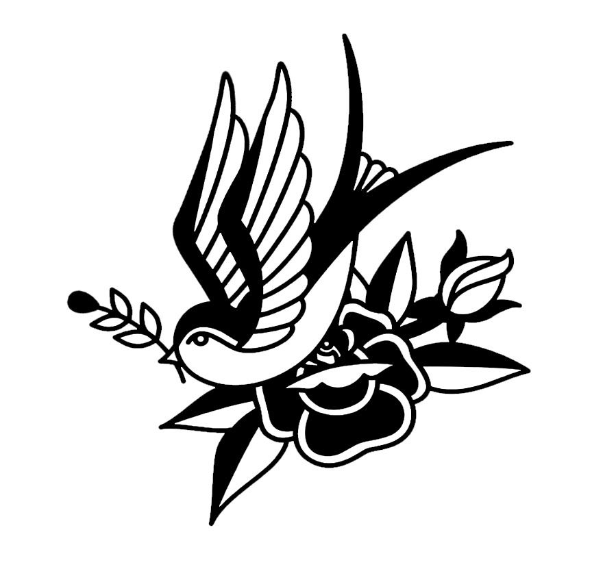 Trioh Media Logo. Traditional black and white tattoo design of a swallow bird with roses and leaves in old school style.