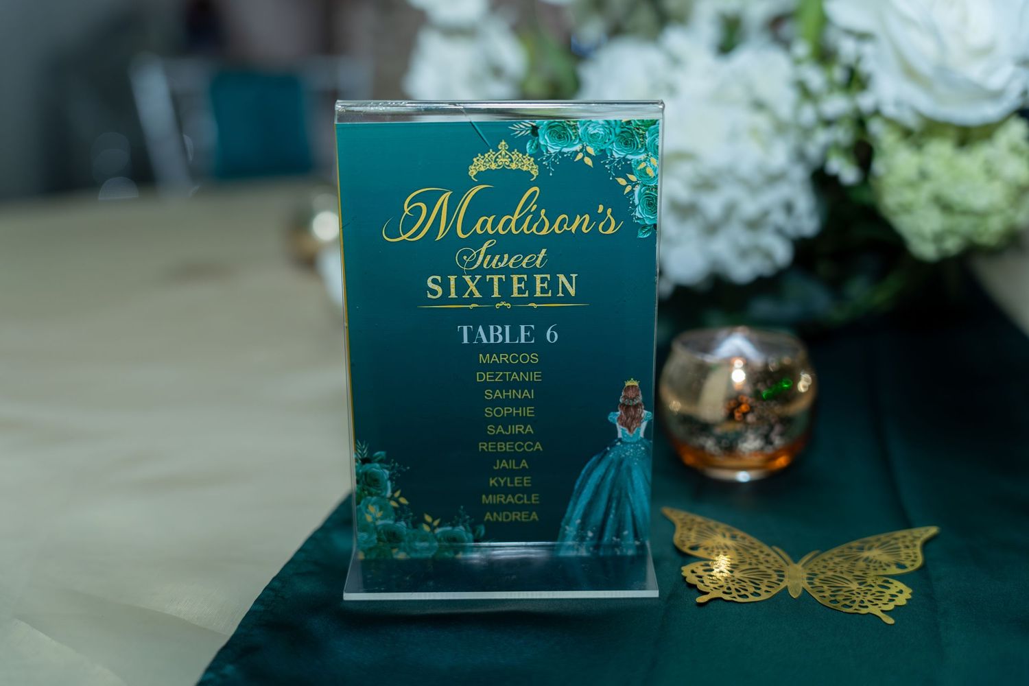 Madison's Sweet Sixteen teal and gold table seating chart display with butterfly decoration.