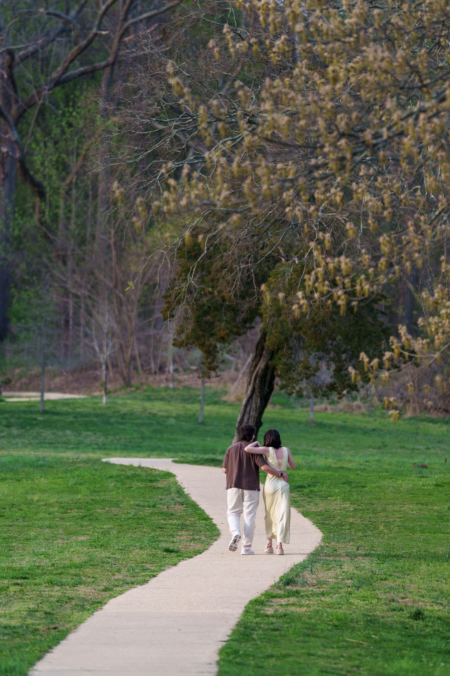 Couple walking arm in arm along a winding park path surrounded by spring trees.