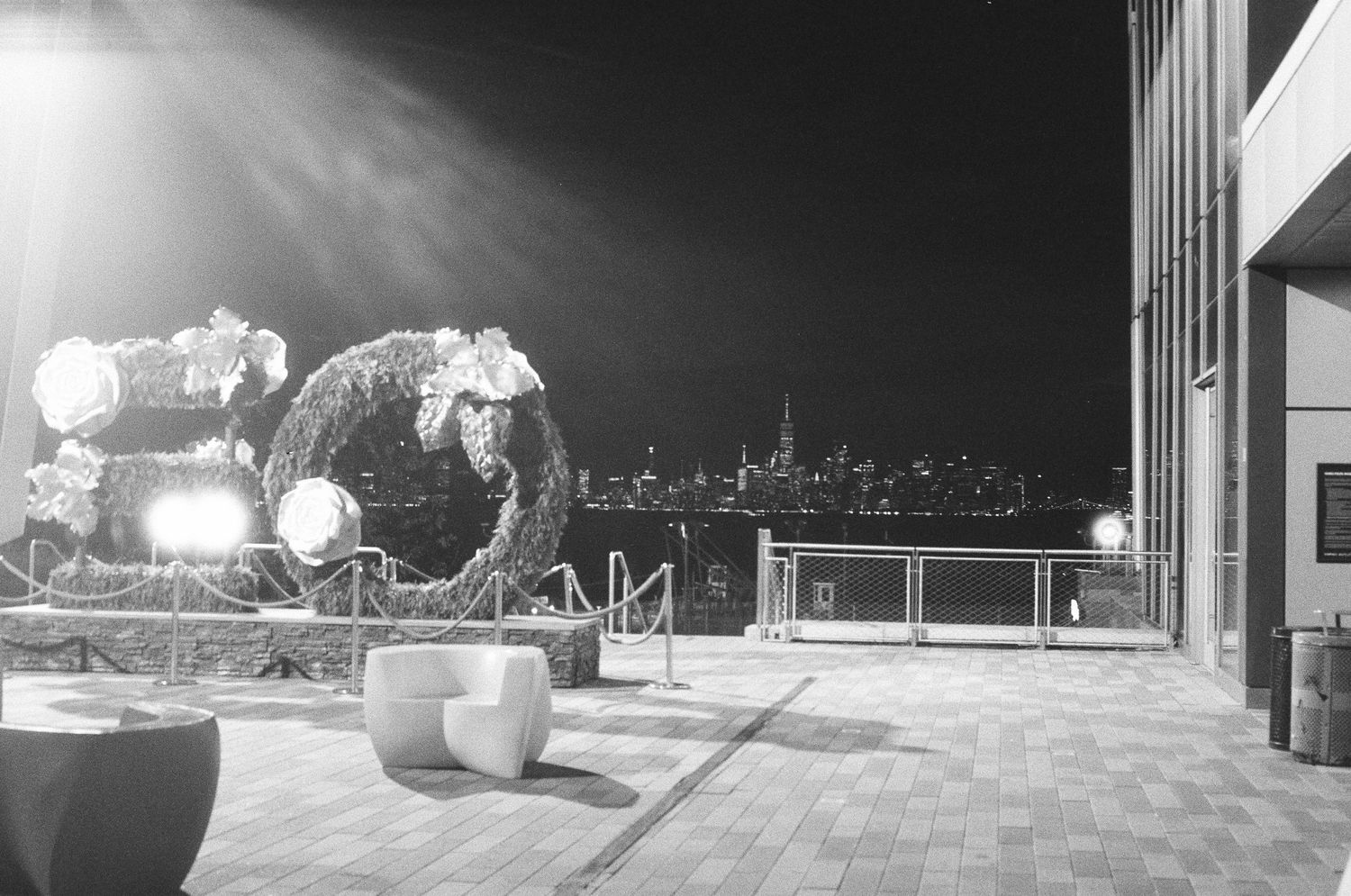 Black and white night photo of a bear sculpture on a rooftop terrace with city skyline behind.