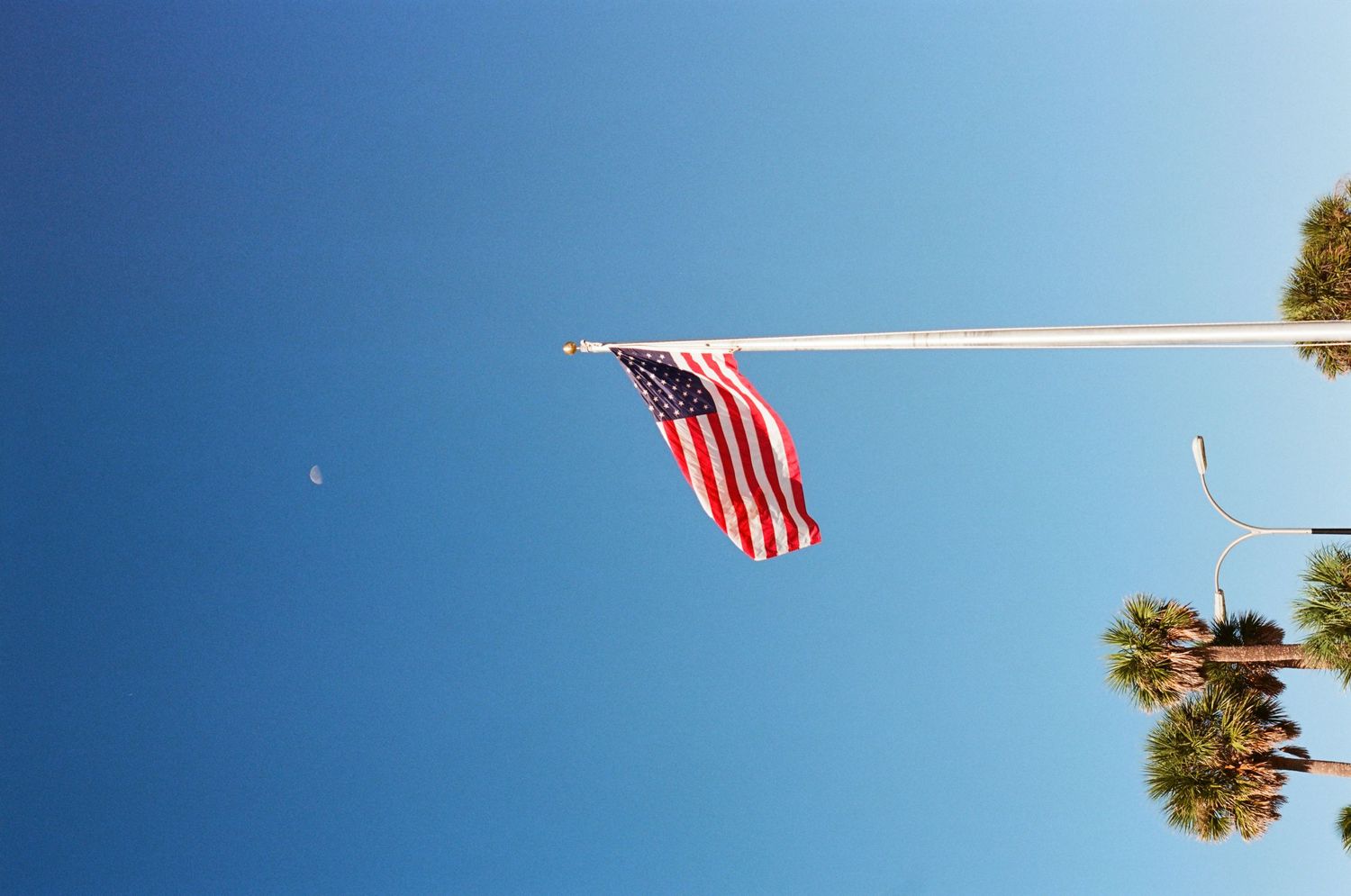 American flag flying at half-mast on a flagpole against a clear blue sky with palm trees.